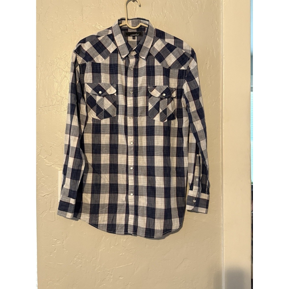 Coastal Button down long sleeve Western Pearl Snap Shirt Plaid Blue Large